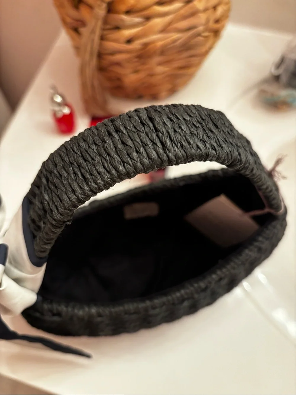 Black Woven Dyed Seagrass Handbag with Ivory Scarf Accent